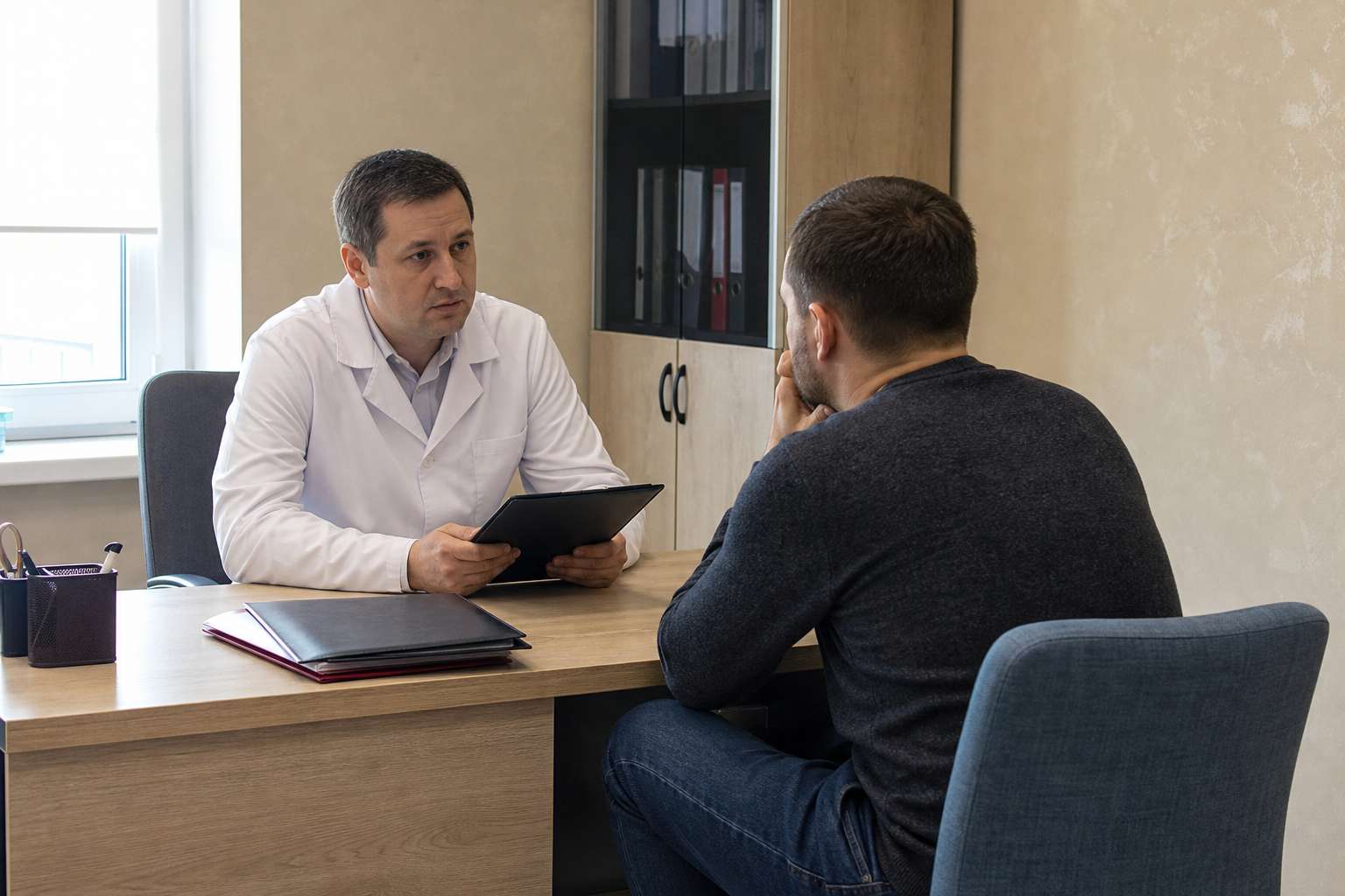 Специалист принимает пациента на консультации нарколога